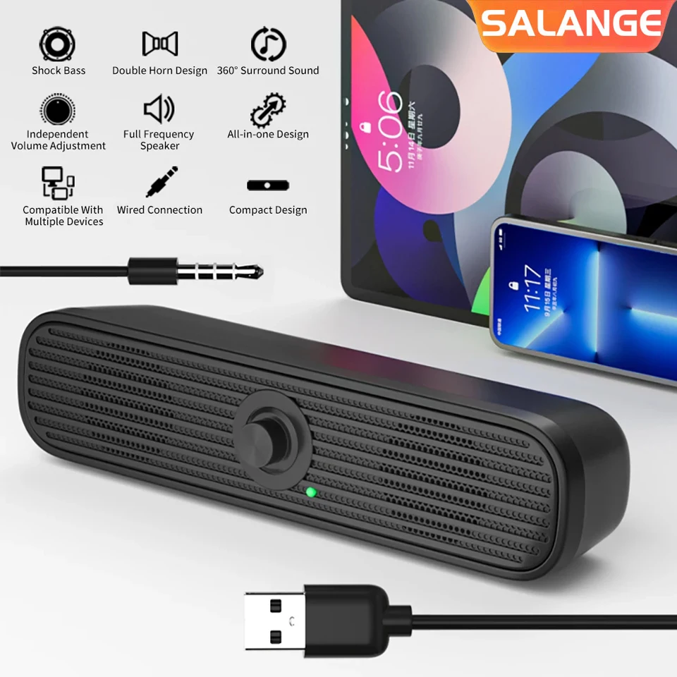 Мини-саундбар Salange, проводной динамик для настольного ПК, звуковая панель с питанием от USB для ТВ, ПК, ноутбука, игрового домашнего кинотеатра, объемная аудиосистема
Мини-саундбар Salange, проводной динамик для настольного ПК, звуковая панель с питанием от USB для ТВ, ПК, ноутбука, игрового домашнего кинотеатра, объемная аудиосистема