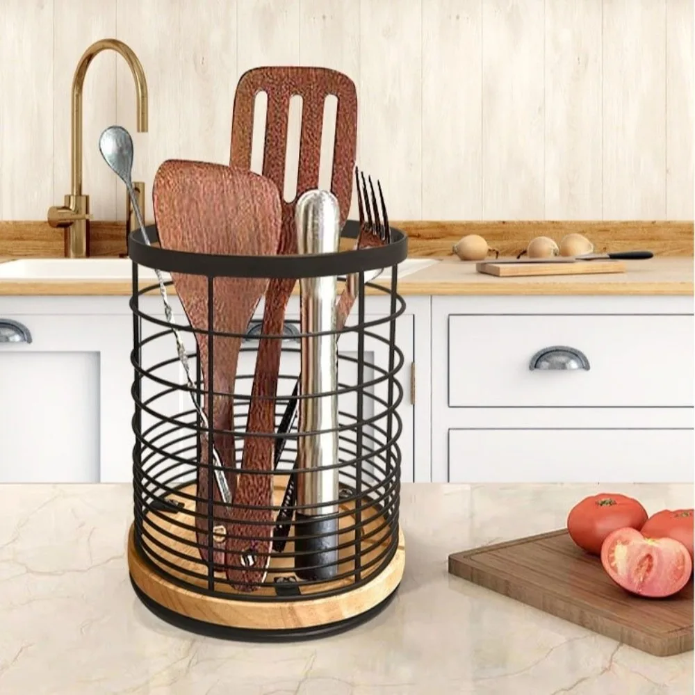 Hollow Out Rotating Utensil Holder Drainage Hole Wooden Base Kitchen Storage Bucket Stable Round Shape Kitchen Counter Organizer
Hollow Out Rotating Utensil Holder Drainage Hole Wooden Base Kitchen Storage Bucket Stable Round Shape Kitchen Counter Organizer
