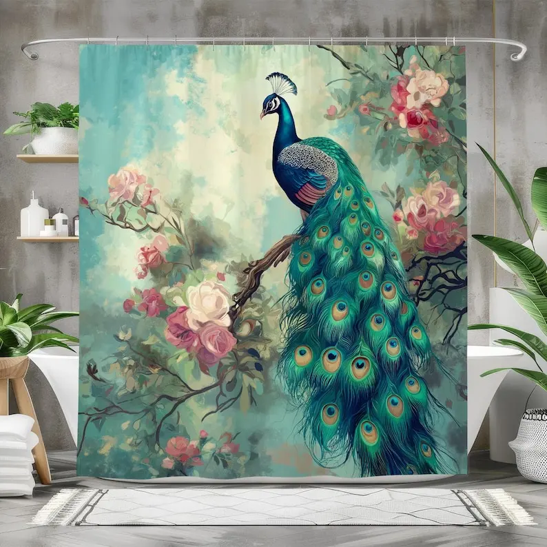 Elegant Peacock and Roses Waterproof Fabric Shower Curtain, Floral Bird-Themed Bath Curtain for Bathroom Decor, Nature-Inspired
Elegant Peacock and Roses Waterproof Fabric Shower Curtain, Floral Bird-Themed Bath Curtain for Bathroom Decor, Nature-Inspired