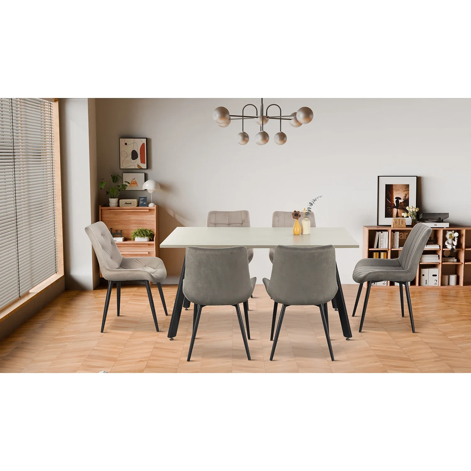 A 2024 Hot Sell Modern Nordic Cheap Dining Room Table and Flannelette Dining Chair PB Dining Table Set with for 6 Chairs Seater
A 2024 Hot Sell Modern Nordic Cheap Dining Room Table and Flannelette Dining Chair PB Dining Table Set with for 6 Chairs Seater