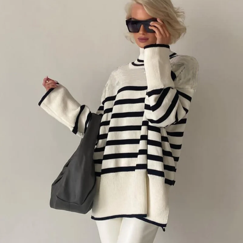 Женский полосатый свитер с высоким воротом и цветными блоками, весенне-осенний свободный пуловер в ленивом стиле с разрезом, вязаный топ для женщин 
Женский полосатый свитер с высоким воротом и цветными блоками, весенне-осенний свободный пуловер в ленивом стиле с разрезом, вязаный топ для женщин