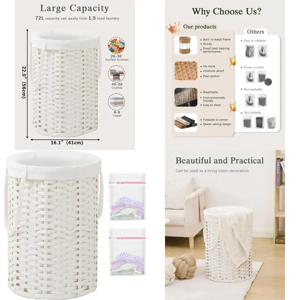 Round Wicker Laundry Basket 19 Gallon, Large Handwoven Rattan Hamper with Removable Bag and 2 Mesh Pockets for Home Use, White
Round Wicker Laundry Basket 19 Gallon, Large Handwoven Rattan Hamper with Removable Bag and 2 Mesh Pockets for Home Use, White