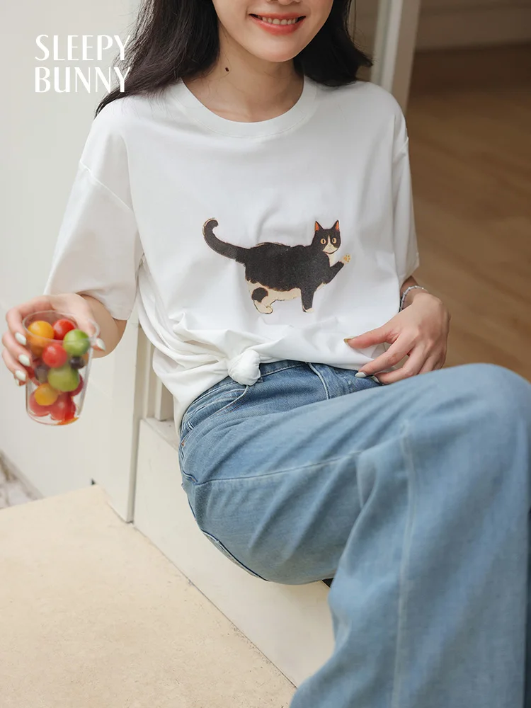 Cute Cat Print Contrast Color T-Shirt Women Summer Casual Loose Round Neck Short Sleeve Tee Kawaii Graphic Top Girls Sweet Style
Cute Cat Print Contrast Color T-Shirt Women Summer Casual Loose Round Neck Short Sleeve Tee Kawaii Graphic Top Girls Sweet Style