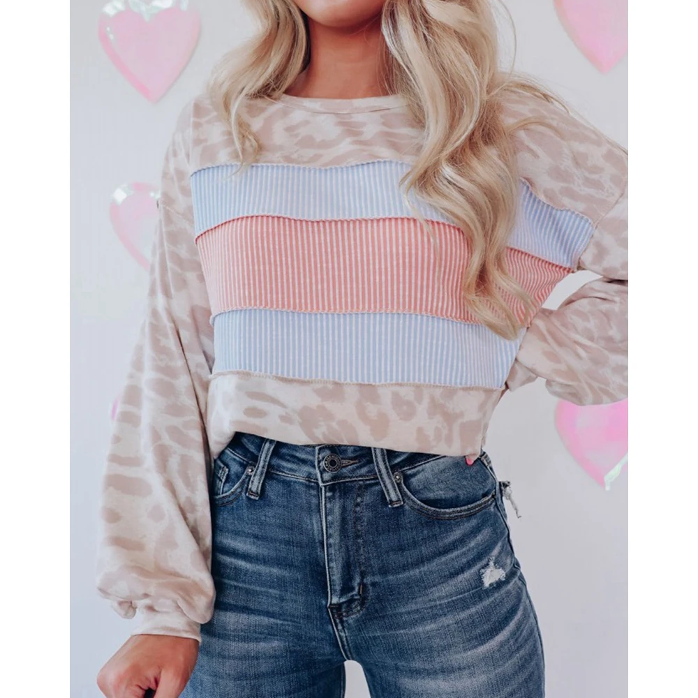 Autumn Spring Women Leopard Print Striped Knitted Ribbed Stitching Long Sleeve Pullover Femme O-Neck Casual T-Shirts Sweatshirt
Autumn Spring Women Leopard Print Striped Knitted Ribbed Stitching Long Sleeve Pullover Femme O-Neck Casual T-Shirts Sweatshirt