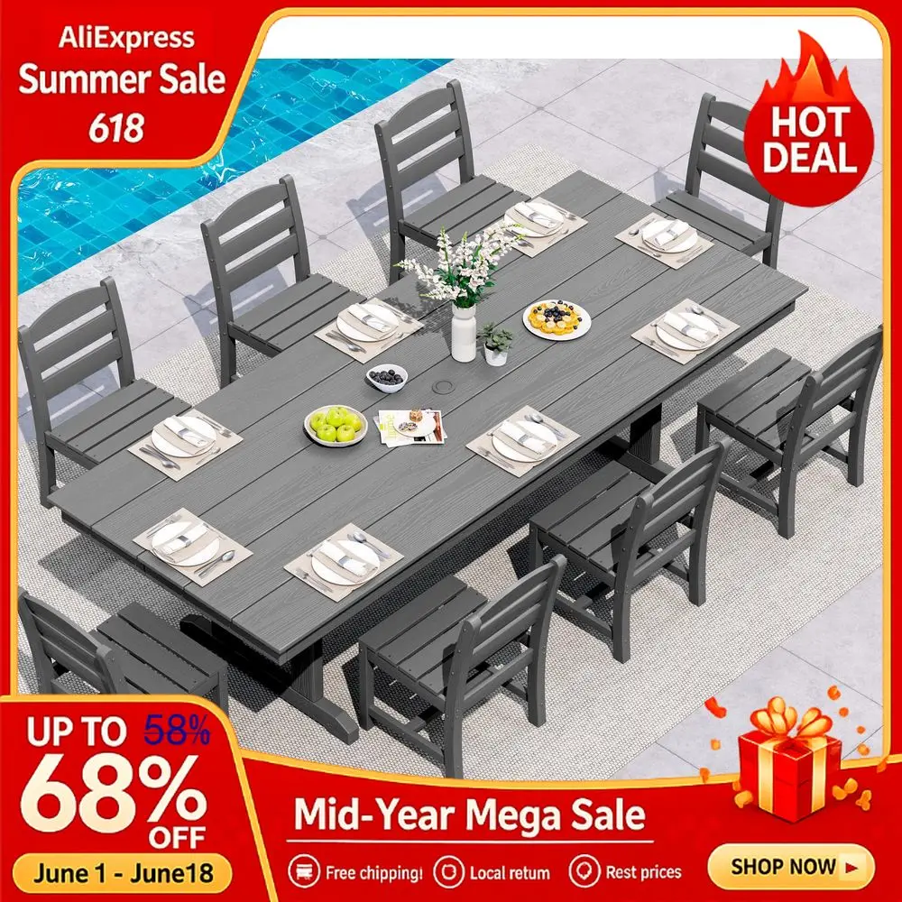 9 Piece Outdoor Dining Set, 84 HDPE Outdoor Table and Armless Chairs Set for 8All Weather Patio Furniture Set Umbrella, Custom
9 Piece Outdoor Dining Set, 84 HDPE Outdoor Table and Armless Chairs Set for 8All Weather Patio Furniture Set Umbrella, Custom