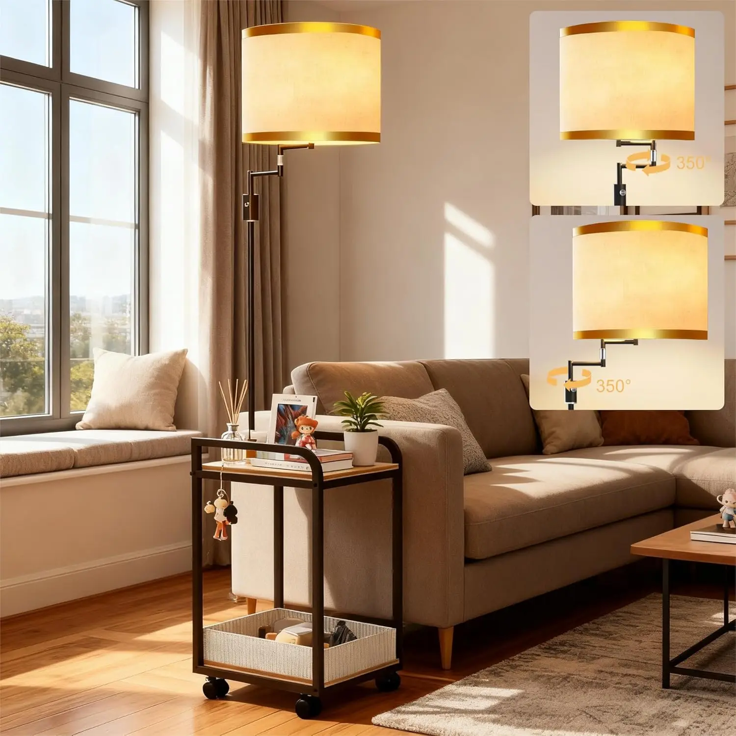 63' Floor Lamp with Storage Table & Basket, Adjustable Fabric Shade, Black
63' Floor Lamp with Storage Table & Basket, Adjustable Fabric Shade, Black