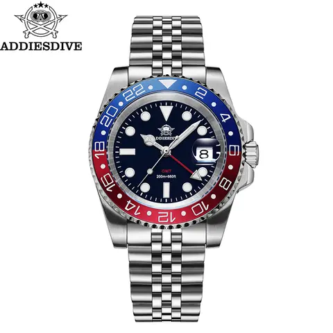 ADDIESDIVE AD2050 Men GMT Watch Swiss Ronda 515-24 BGW9 Super Luminous 20Bar Waterproof reloj 316L Stainless Steel Quartz Watch