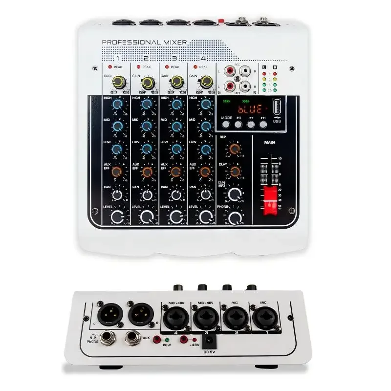 Professional 48v Phantom Power Mixer 4 channels with Bluetooth USB recording delay effect DJ sound card mixer
Professional 48v Phantom Power Mixer 4 channels with Bluetooth USB recording delay effect DJ sound card mixer