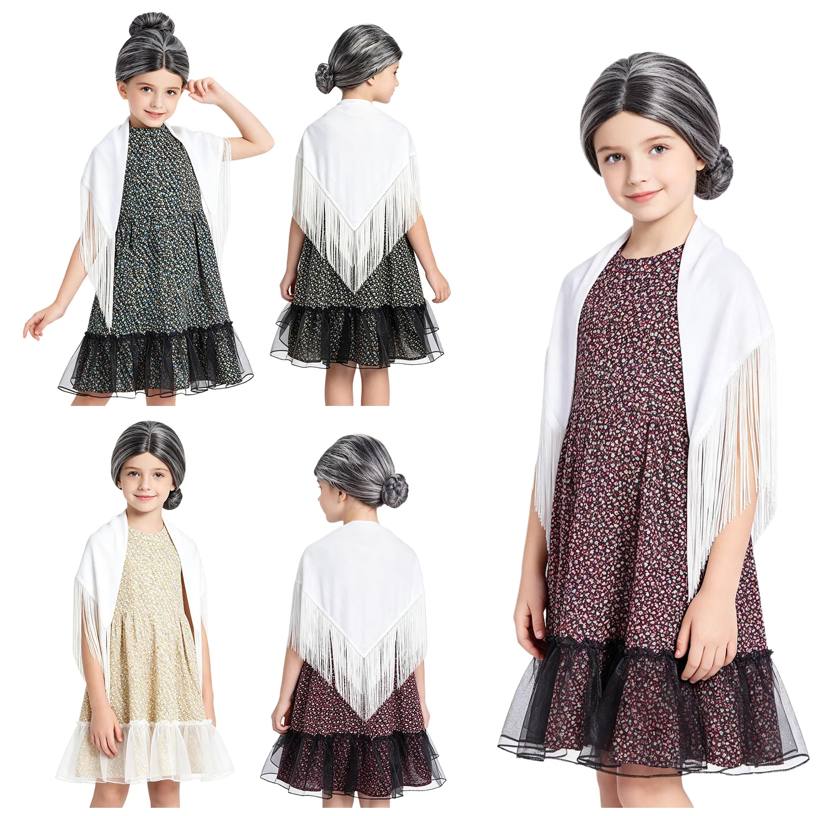 Girls Cosplay Old Lady Costume 100 Days of School Floral Sleeveless Ruffle Mesh Hem Dress with Fringed Shawl Grandma Outfit
Girls Cosplay Old Lady Costume 100 Days of School Floral Sleeveless Ruffle Mesh Hem Dress with Fringed Shawl Grandma Outfit