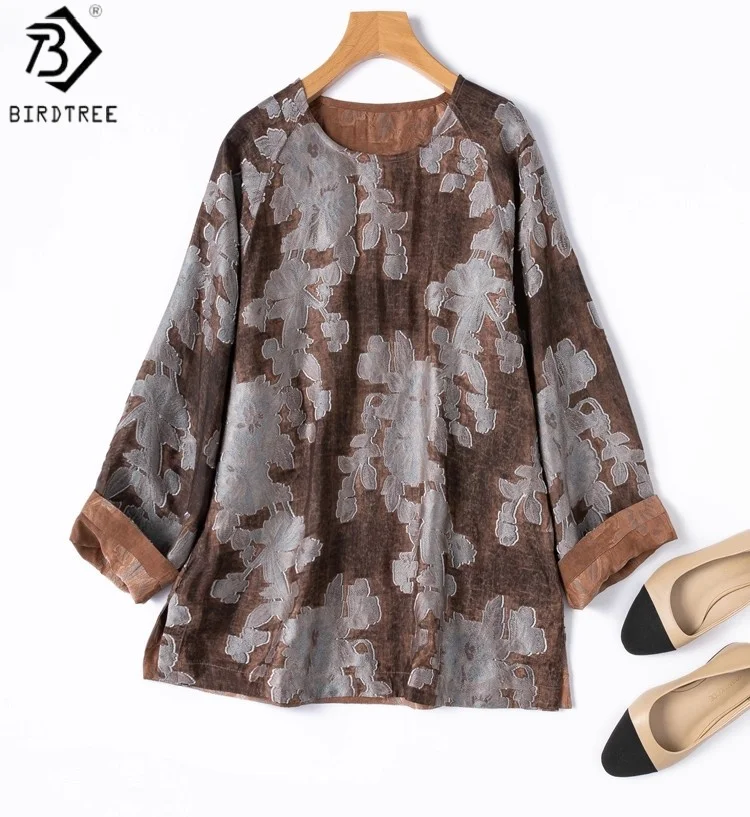 Birdtree 100% Mulberry Silk Brown Shirt,Women Jacquard Xiangyun Yarn Long Sleeve O-neck Retro Style Blouse,2025 New T58403JF
Birdtree 100% Mulberry Silk Brown Shirt,Women Jacquard Xiangyun Yarn Long Sleeve O-neck Retro Style Blouse,2025 New T58403JF