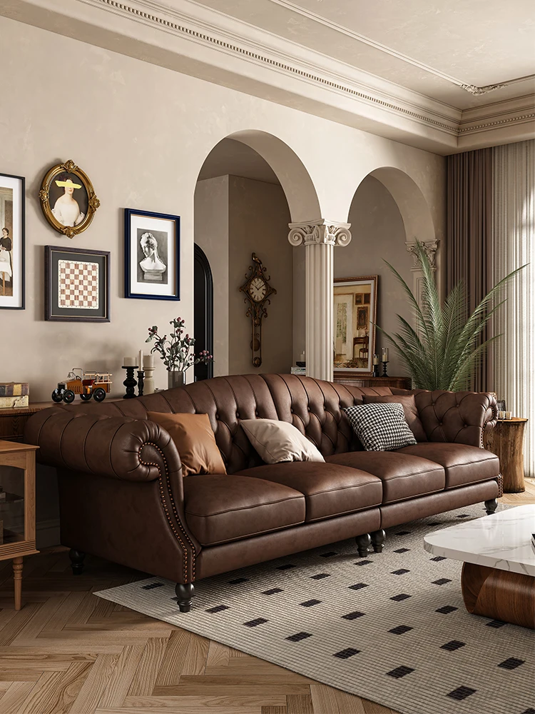 American retro leather sofa first layer cowhide small apartment three or four people straight row antique living room villa
American retro leather sofa first layer cowhide small apartment three or four people straight row antique living room villa
