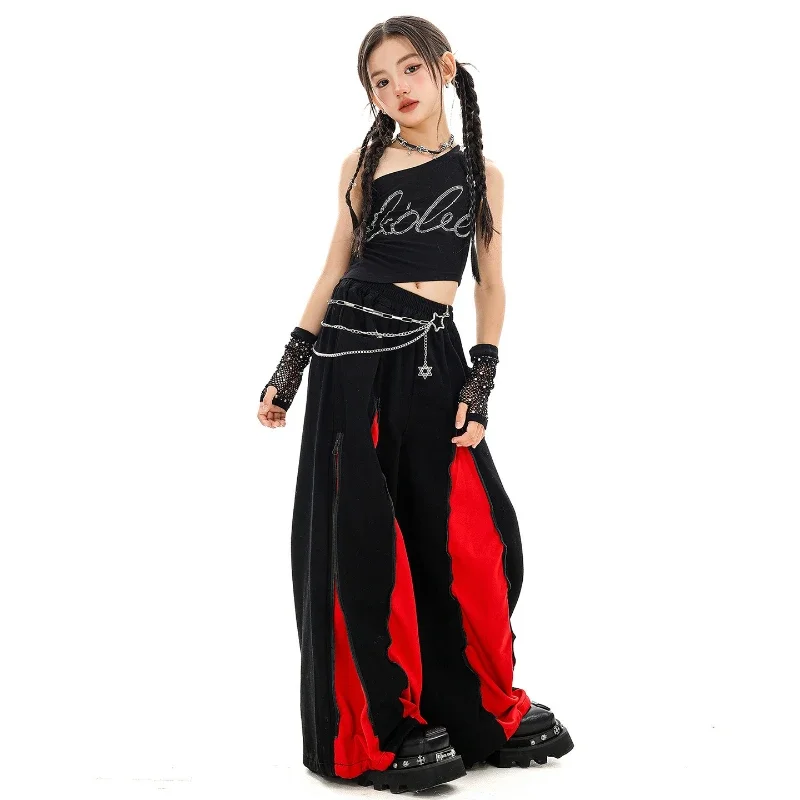 Girls Kpop Hip Hop Clothing Black One Shoulder Crop Tank Top Red Casual Zipper Wide Leg Pants Group Dance Costume Clothes Set
Girls Kpop Hip Hop Clothing Black One Shoulder Crop Tank Top Red Casual Zipper Wide Leg Pants Group Dance Costume Clothes Set
