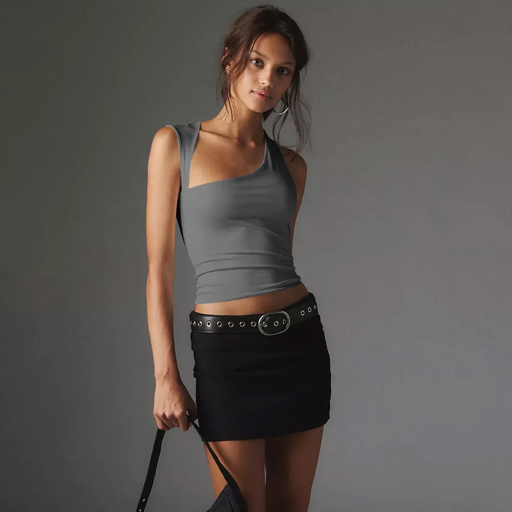 Весна-лето, новая облегающая футболка Y2K, женская верхняя одежда, топ с неровным воротником, повседневный однотонный жилет 
Весна-лето, новая облегающая футболка Y2K, женская верхняя одежда, топ с неровным воротником, повседневный однотонный жилет