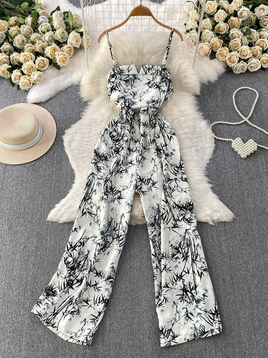 Summer Women's High Waist Wide Leg Pants Bamboo Leaf Print Slimming Straight Cut Elastic Waist Jumpsuit Comfortable Long Pants
Summer Women's High Waist Wide Leg Pants Bamboo Leaf Print Slimming Straight Cut Elastic Waist Jumpsuit Comfortable Long Pants