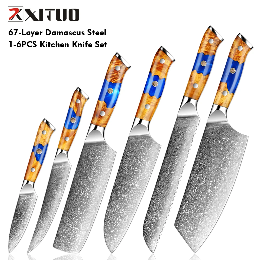 Damascus 67 Layers Steel Kitchen Knives Set 1-6PCS Pro Sharp Slicing Knife Nakiri Bread Santoku Paring Knife Resin Wooden Handle
Damascus 67 Layers Steel Kitchen Knives Set 1-6PCS Pro Sharp Slicing Knife Nakiri Bread Santoku Paring Knife Resin Wooden Handle