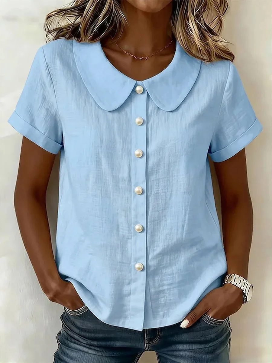 Women's T-Shirt 2026 Spring Summer New Solid Color Short Sleeve Casual Loose Peter Pan Collar Versatile Daily Shirt Top
Women's T-Shirt 2026 Spring Summer New Solid Color Short Sleeve Casual Loose Peter Pan Collar Versatile Daily Shirt Top