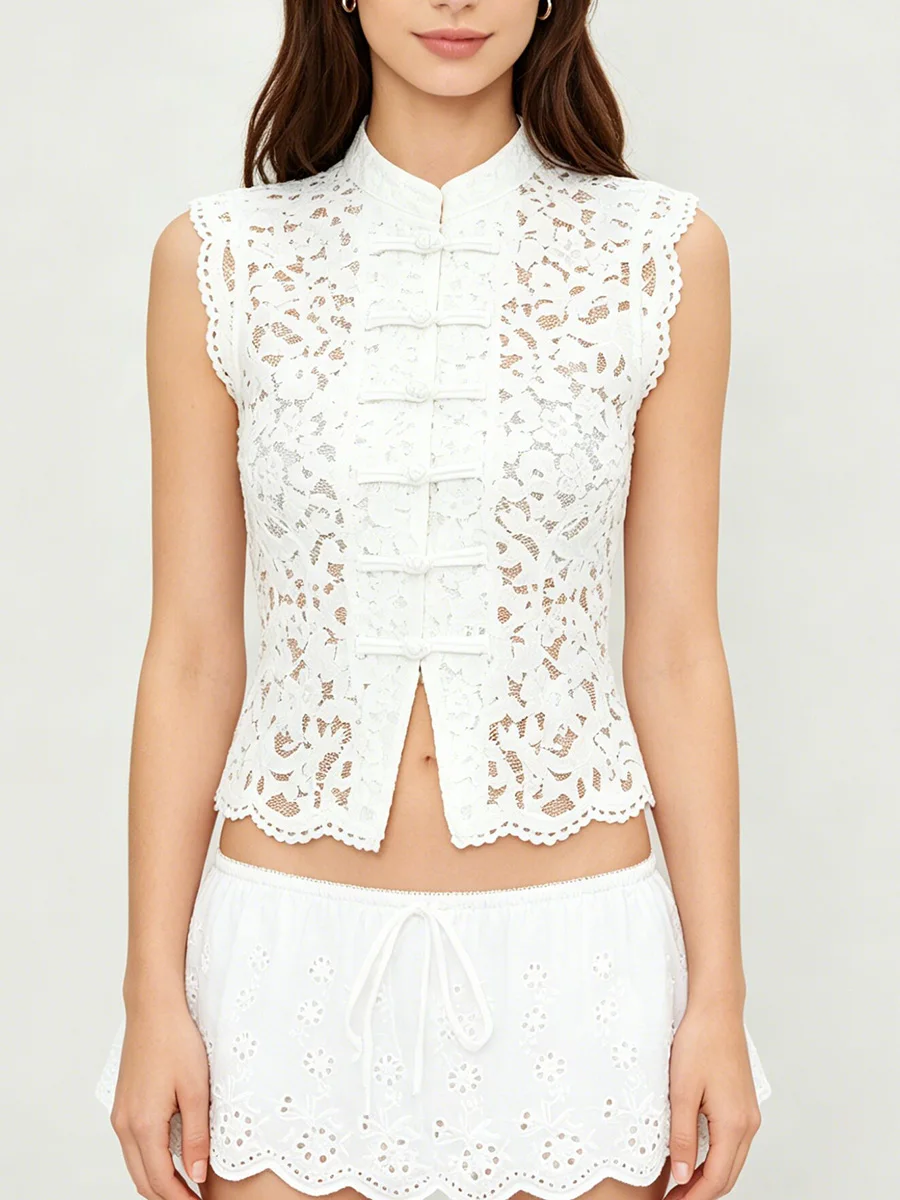 LIMO Lace Sleeveless Top Chinese Knot Button Floral Hollow Out Stand Collar Slim Fit Summer Elegant Tank Top for Women
LIMO Lace Sleeveless Top Chinese Knot Button Floral Hollow Out Stand Collar Slim Fit Summer Elegant Tank Top for Women