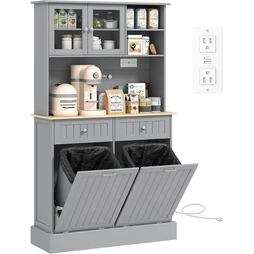 68 Tall Kitchen Pantry Cabinet with Charging Station, Trash Bin, Adjustable Shelves, and Glass Doors in Gray
68 Tall Kitchen Pantry Cabinet with Charging Station, Trash Bin, Adjustable Shelves, and Glass Doors in Gray