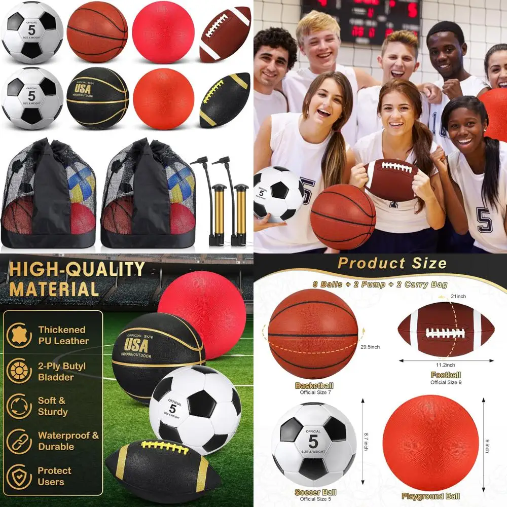 Adult Assorted Sports Balls Set: 8-Piece Football, Basketball, Soccer Balls with Official Sizes, Carry Bags, and Pumps for Playg
Adult Assorted Sports Balls Set: 8-Piece Football, Basketball, Soccer Balls with Official Sizes, Carry Bags, and Pumps for Playg