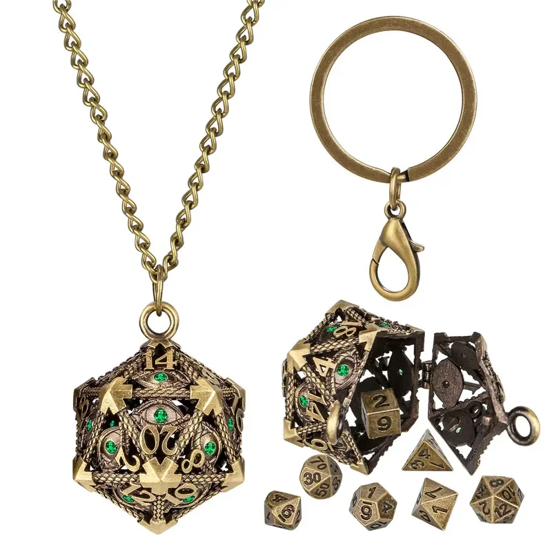 Retro Hollow D20 Case Pendant Key Ring 7pcs Mini Polyhedral Dice Set Role Play Gaming Dices Storage Case with Necklace Chain
Retro Hollow D20 Case Pendant Key Ring 7pcs Mini Polyhedral Dice Set Role Play Gaming Dices Storage Case with Necklace Chain