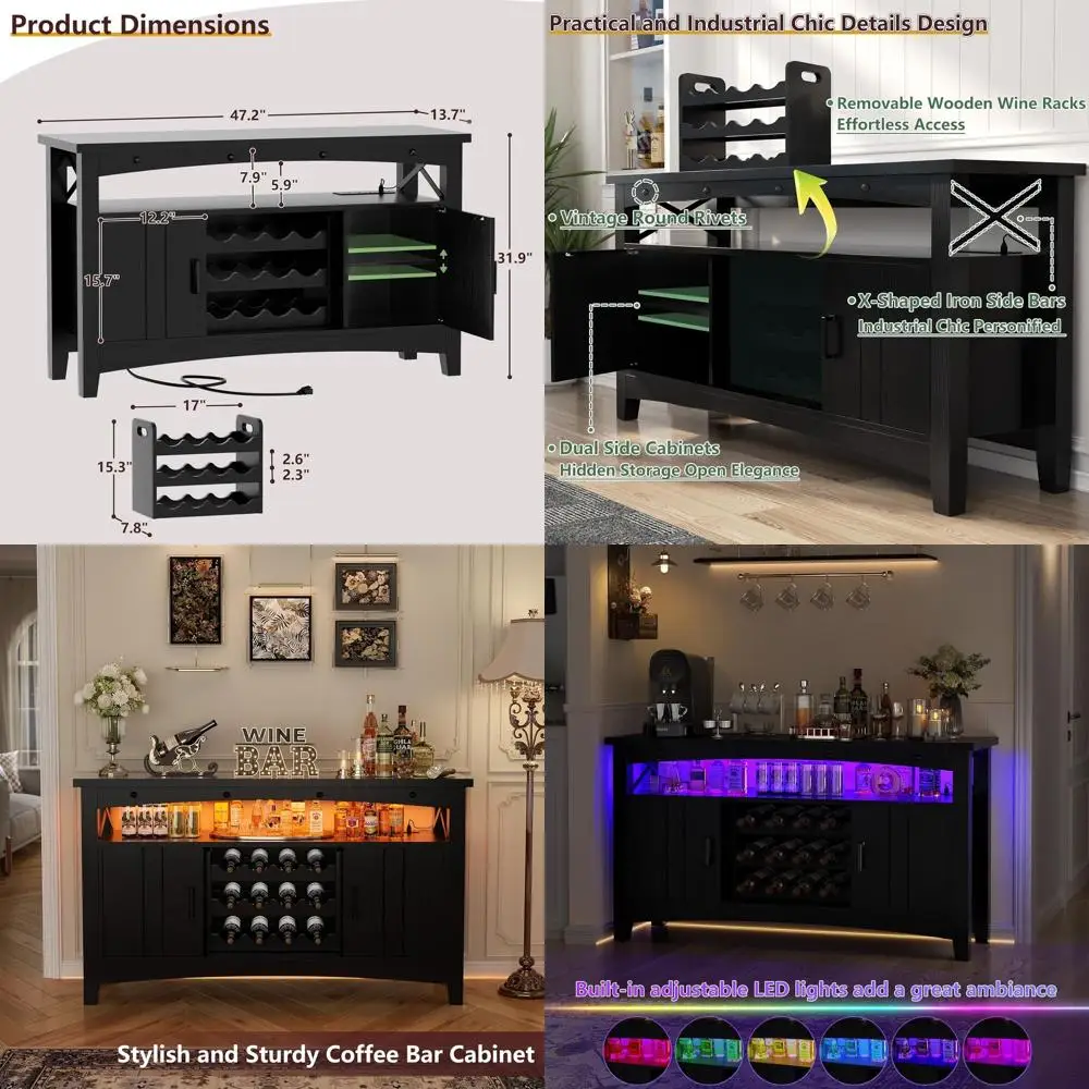 Черный барный шкаф для дома 47.2 дюйма со светодиодной подсветкой, розетками, местом для хранения и винной полкой
Черный барный шкаф для дома 47.2 дюйма со светодиодной подсветкой, розетками, местом для хранения и винной полкой