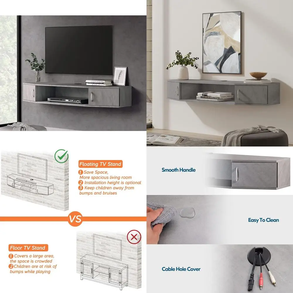 Wall-Mounted Floating TV Stand in Grey, 43 Walnut Entertainment Center with Storage Cabinet and Doors
Wall-Mounted Floating TV Stand in Grey, 43 Walnut Entertainment Center with Storage Cabinet and Doors