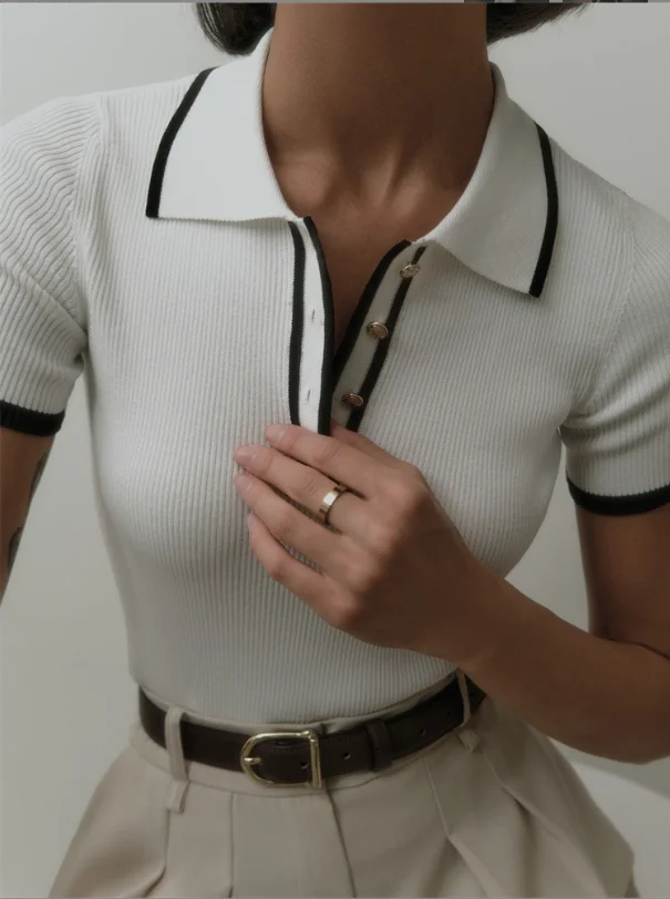 Women's Knitted Pullover Fashion Short Sleeve Patchwork Sweater Top Elegant Slim Contrast Lapel Knitted Pullover Top w1108
Women's Knitted Pullover Fashion Short Sleeve Patchwork Sweater Top Elegant Slim Contrast Lapel Knitted Pullover Top w1108