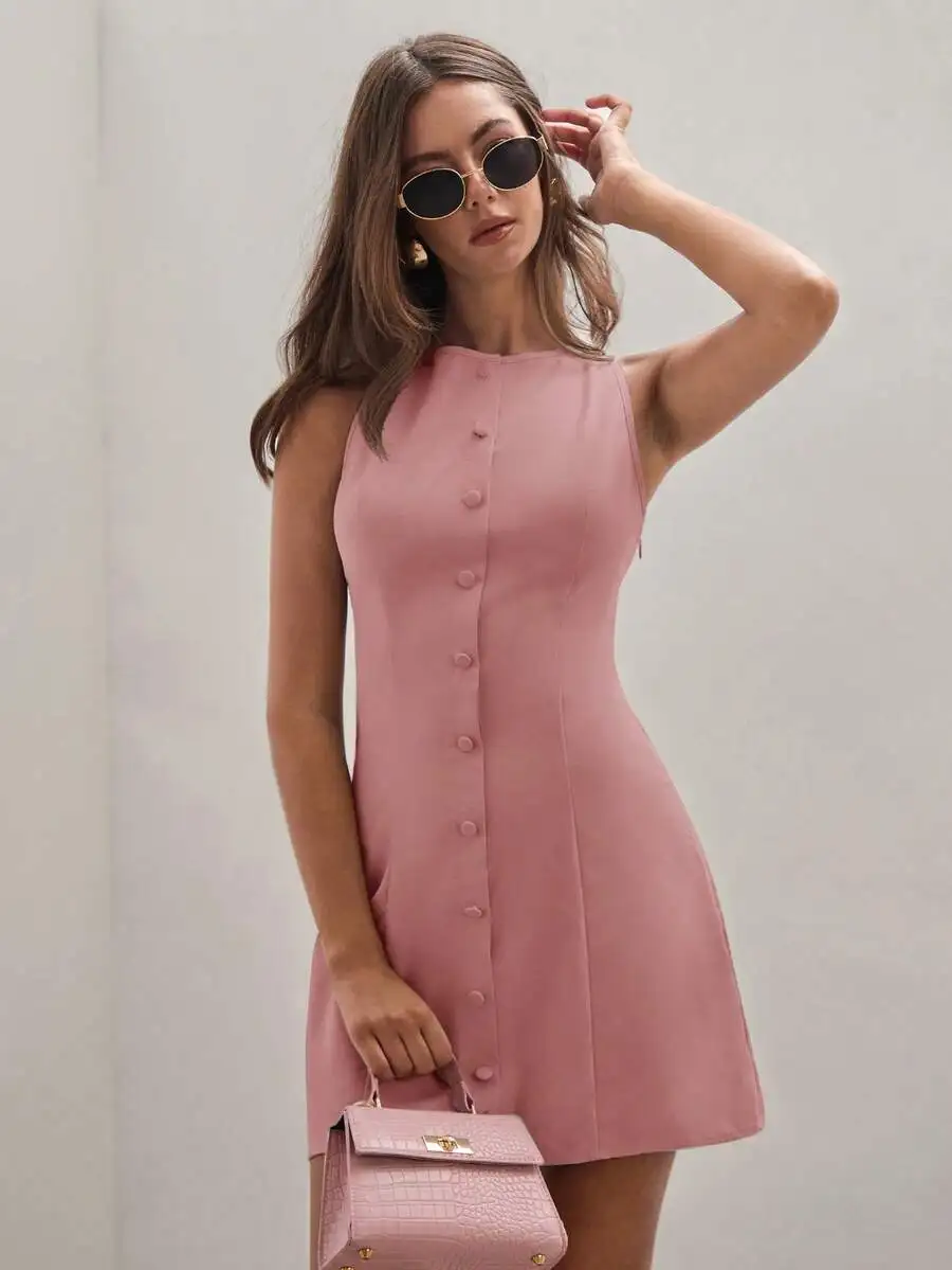 Womens Solid Color Round Neck Single Breasted Sleeveless Mini Dress Pink
Womens Solid Color Round Neck Single Breasted Sleeveless Mini Dress Pink