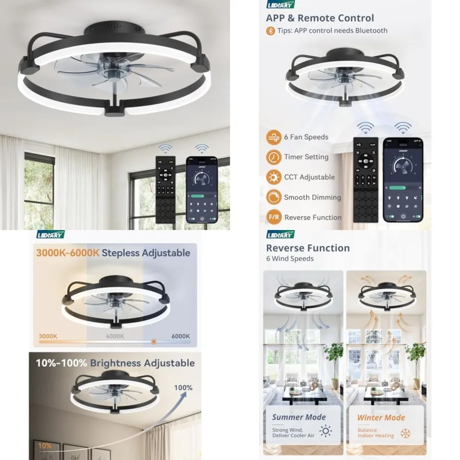 Ceiling Fans with Lights and Remote, 0'' Low Profile Ceiling Fan with Light, 3000-6000K Dimmable Fandelier LED Fan Light, 6 Win
Ceiling Fans with Lights and Remote, 0'' Low Profile Ceiling Fan with Light, 3000-6000K Dimmable Fandelier LED Fan Light, 6 Win
