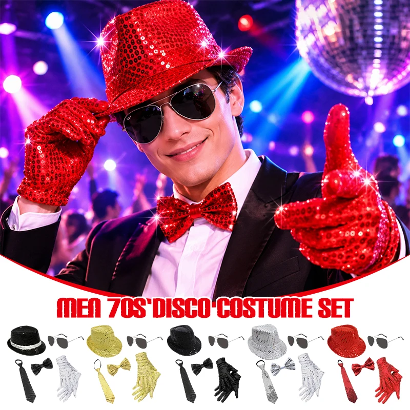 Men 70s Disco Costume Set Sequin Hat Sunglasses Bow Tie Necktie Gloves Halloween Party Cosplay Stage Performance Accessories
Men 70s Disco Costume Set Sequin Hat Sunglasses Bow Tie Necktie Gloves Halloween Party Cosplay Stage Performance Accessories