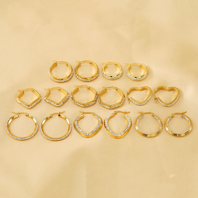 10Pcs Fashion Jewelry Stainless Steel Gold Plated Geometric Shape Hoop Earrings for Women with Zircon Crystal and Rhinestones 
10Pcs Fashion Jewelry Stainless Steel Gold Plated Geometric Shape Hoop Earrings for Women with Zircon Crystal and Rhinestones