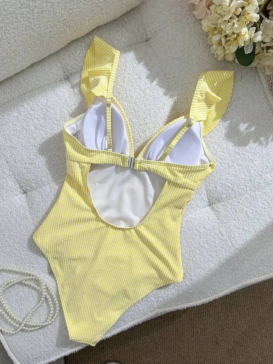 Womens Yellow Striped One-Piece Swimsuit With Frill Trim And Adjustable Straps
Womens Yellow Striped One-Piece Swimsuit With Frill Trim And Adjustable Straps