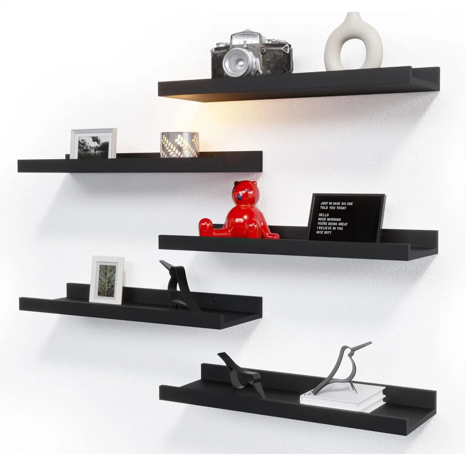 5 Set Floating Wall Mounted Shelves, Black Shelves For Wall Decor, Modern Picture Ledge Shelf With Lip For Storage, Nursery, Bedroom, Living Room, Bathroom
5 Set Floating Wall Mounted Shelves, Black Shelves For Wall Decor, Modern Picture Ledge Shelf With Lip For Storage, Nursery, Bedroom, Living Room, Bathroom