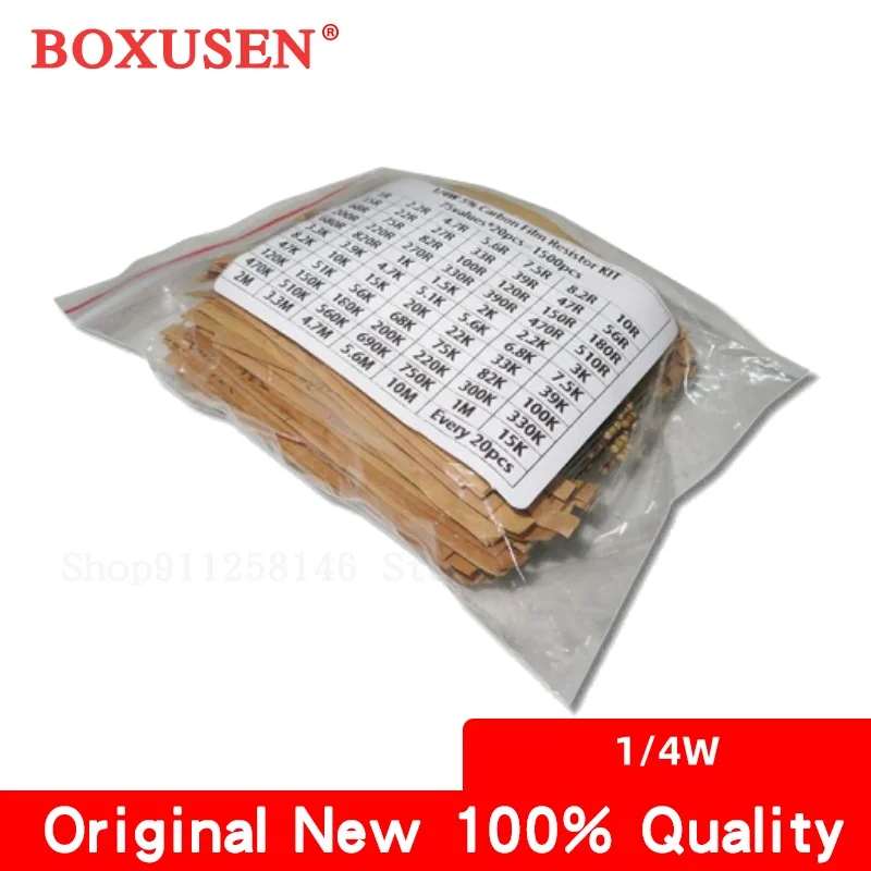 75values*20PCS=1500PCS 1/4W (1 ohm~ 10M ohm) 5% 1/4W Carbon Film Resistors Assorted Kit
75values*20PCS=1500PCS 1/4W (1 ohm~ 10M ohm) 5% 1/4W Carbon Film Resistors Assorted Kit