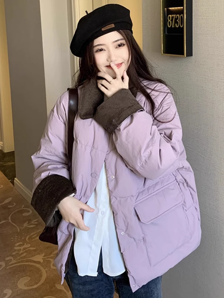 Women's Patchwork Collar Color Block Corduroy Cotton Jacket Winter Thickened Korean Style Button up Short Loose Fit Coat
Women's Patchwork Collar Color Block Corduroy Cotton Jacket Winter Thickened Korean Style Button up Short Loose Fit Coat