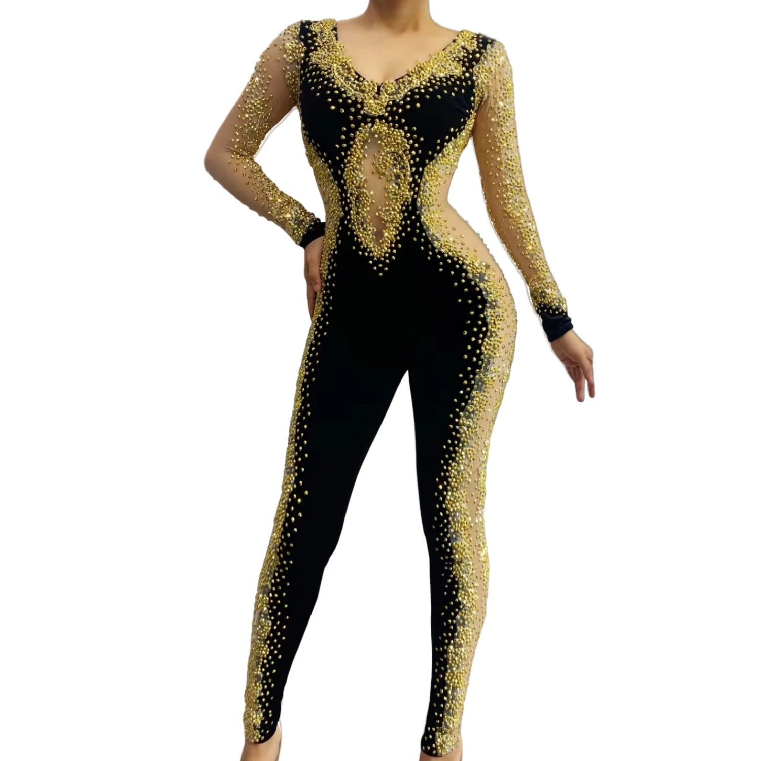 Black Gold Rhinestone Spandex Elastic Long Sleeve Jumpsuit Sparkly Stage Performance Outfit Dancer Party Club Wear Jinpingku
Black Gold Rhinestone Spandex Elastic Long Sleeve Jumpsuit Sparkly Stage Performance Outfit Dancer Party Club Wear Jinpingku