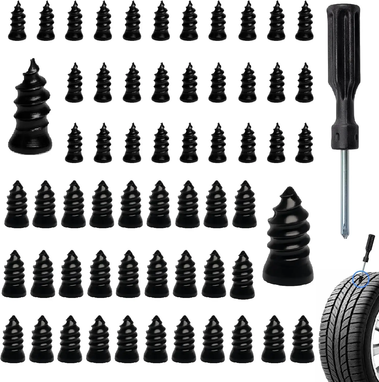 61-Piece Tire Repair Screw Kit with Driver, Self-Service Plugs for Car, Motorcycle, Truck, Tractor
61-Piece Tire Repair Screw Kit with Driver, Self-Service Plugs for Car, Motorcycle, Truck, Tractor