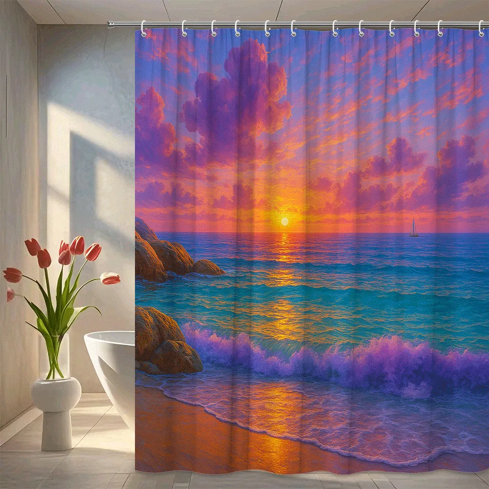 Занавеска для душа с океаном и закатом, фиолетовое небо, золотые волны и парусник, романтическая пляжная сцена, декор для ванной комнаты, водонепроницаемая, простая установка
Занавеска для душа с океаном и закатом, фиолетовое небо, золотые волны и парусник, романтическая пляжная сцена, декор для ванной комнаты, водонепроницаемая, простая установка