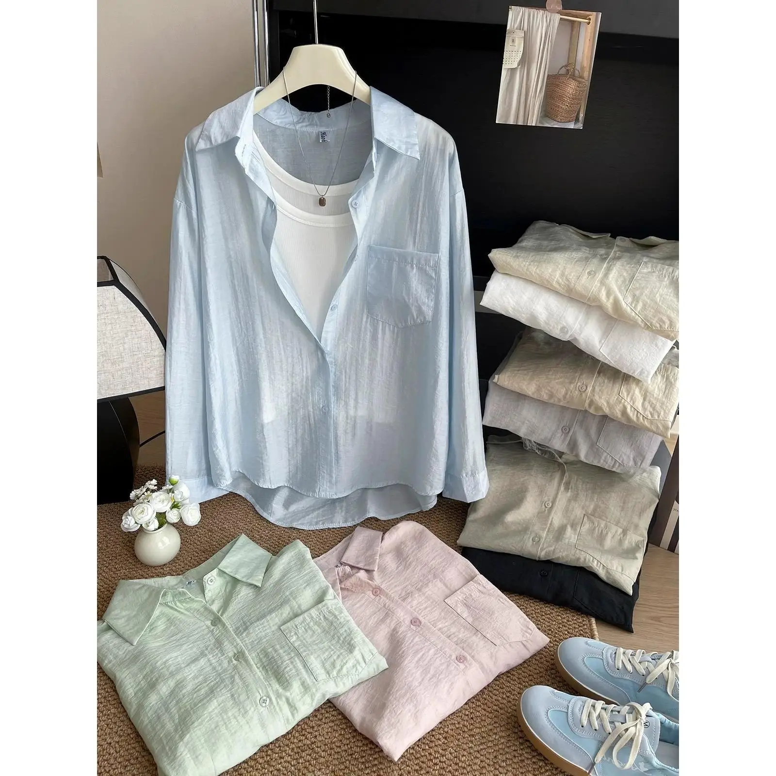 Sun Protection Thin Silk Cotton Long Sleeve Shirt Women Loose Fit Spring Summer Korean Style Airy Feel Button up Top
Sun Protection Thin Silk Cotton Long Sleeve Shirt Women Loose Fit Spring Summer Korean Style Airy Feel Button up Top