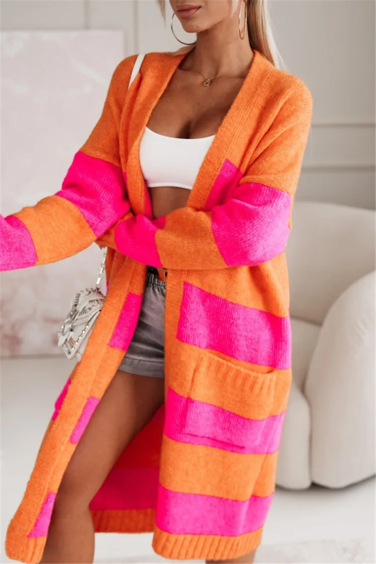 Casual Knitted Cardigan For Women Loose Long Sleeve Pocket Contrast Color Striped Extended Sweater Coat Autumn Winter New Style
Casual Knitted Cardigan For Women Loose Long Sleeve Pocket Contrast Color Striped Extended Sweater Coat Autumn Winter New Style