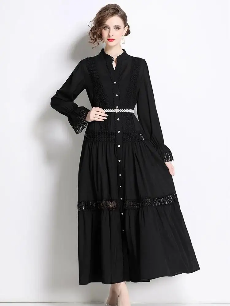 French Romantic White Hollow Out Embroidery Splicing One Piece Dress Single Breasted Flare Sleeve Pearls Belt Long Robe Vestidos
French Romantic White Hollow Out Embroidery Splicing One Piece Dress Single Breasted Flare Sleeve Pearls Belt Long Robe Vestidos