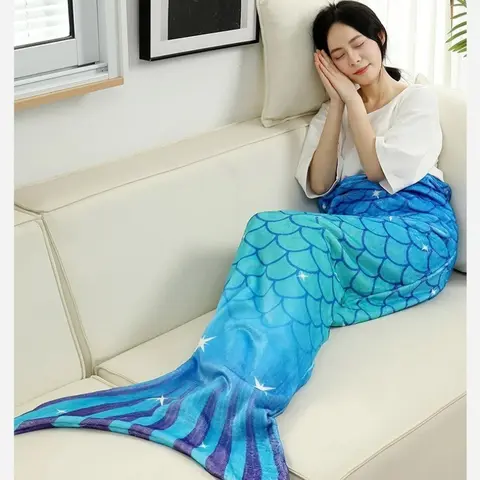 Mermaid Tail Decoration Fishscale Printing Parent Child Creative Home Blanket Plush Fabric Feels Smooth Comfortable Siesta Quilt