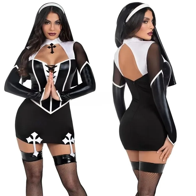 Women Halloween Nun Costume Sexy Black Pu Leather Hollow Nun Cosplay Outfit Tops with Skirts Carnival Party Rolepaly Dress Up
Women Halloween Nun Costume Sexy Black Pu Leather Hollow Nun Cosplay Outfit Tops with Skirts Carnival Party Rolepaly Dress Up