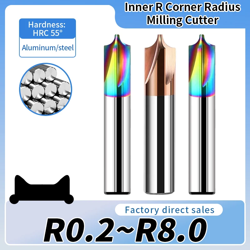 HRC55 Radius Fillet End Mill R0.2-0.75, R0.5/R0.8/R1/R2/R2.5/R3/R3.5/R4-R8 Outer Radius Chamfer Milling Head CNC Cutting Tool
HRC55 Radius Fillet End Mill R0.2-0.75, R0.5/R0.8/R1/R2/R2.5/R3/R3.5/R4-R8 Outer Radius Chamfer Milling Head CNC Cutting Tool