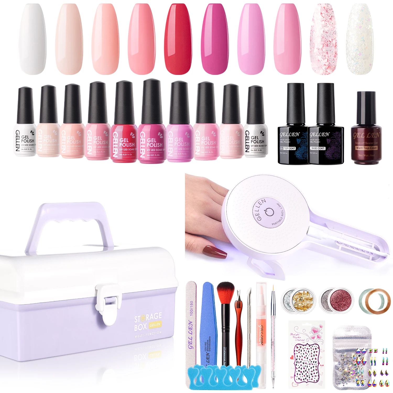 Gel Nail Polish Kit with UV Light 10 Colors Soak Off Cured Gel Base Coat Glossy Top Coat Matte Coat Manicure Art Supplies Set
Gel Nail Polish Kit with UV Light 10 Colors Soak Off Cured Gel Base Coat Glossy Top Coat Matte Coat Manicure Art Supplies Set