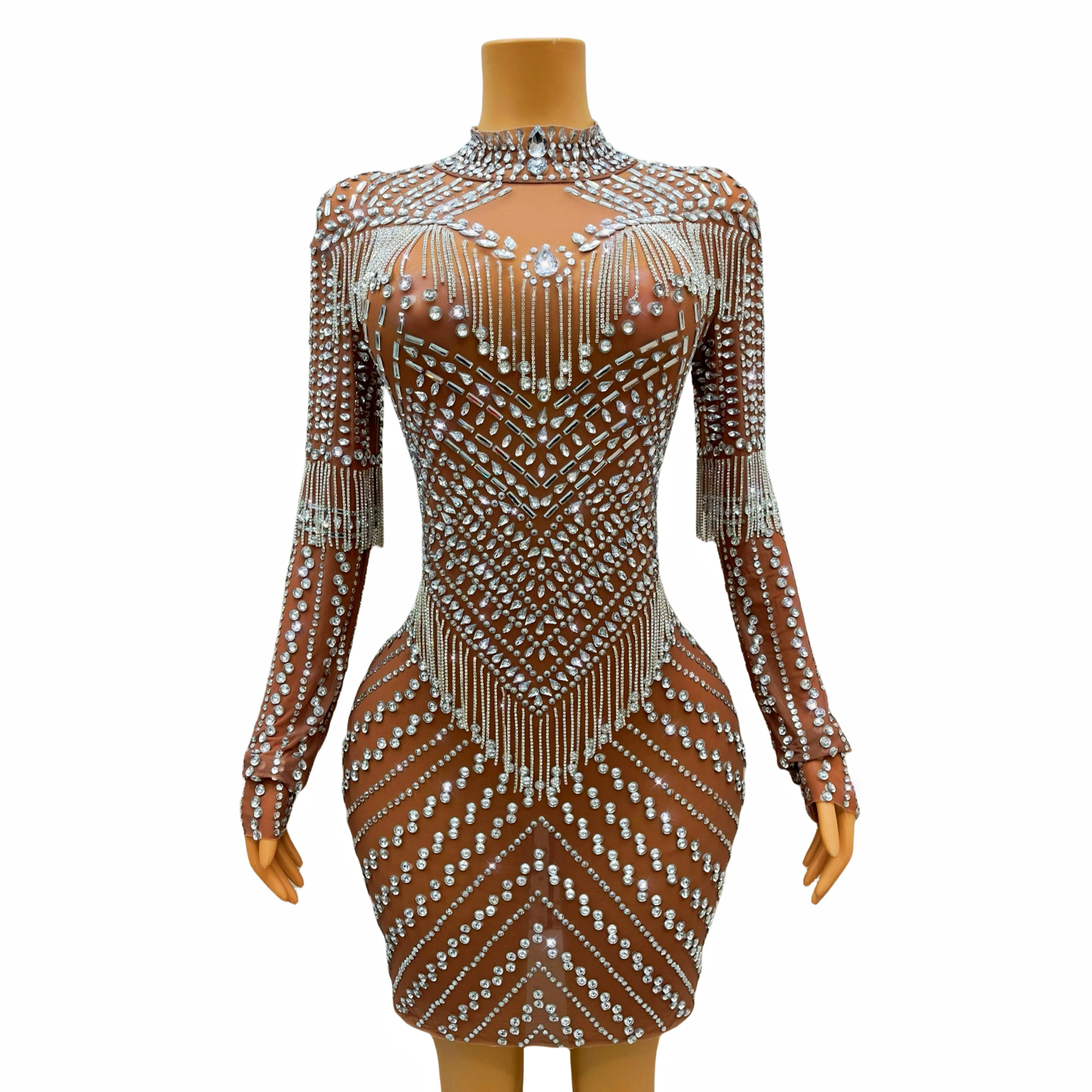 Luxurious Handmade Sparkly Rhinestones Crystal chains Mesh Dress Women Singer Dancer Perform Costume Party Show Outfit Dengxin
Luxurious Handmade Sparkly Rhinestones Crystal chains Mesh Dress Women Singer Dancer Perform Costume Party Show Outfit Dengxin
