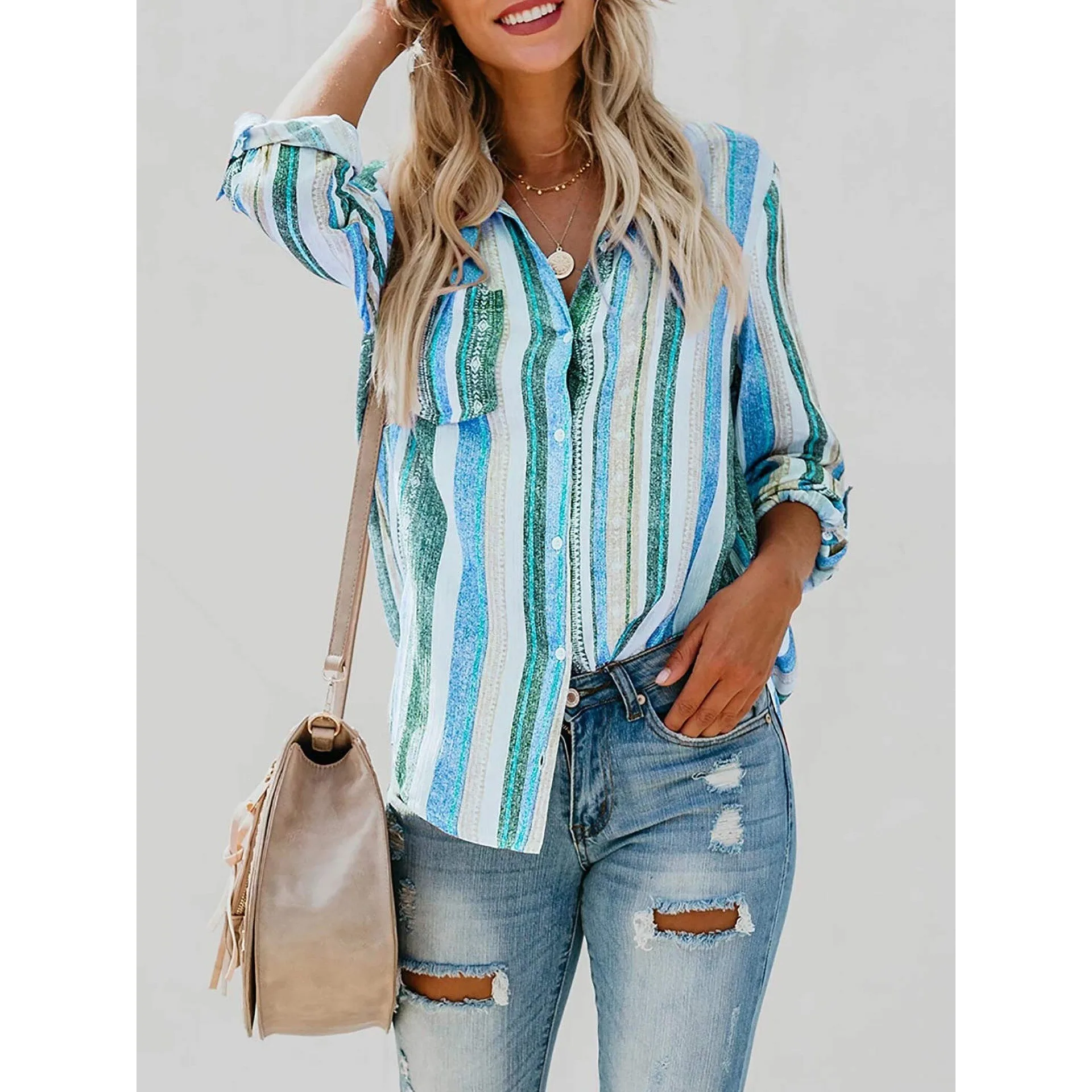 Stripe Casual Shirt Women's Princess Sleeve Top Unisex Fashionable Striped Blouse Spring Season Non-Shrinking Fabric
Stripe Casual Shirt Women's Princess Sleeve Top Unisex Fashionable Striped Blouse Spring Season Non-Shrinking Fabric