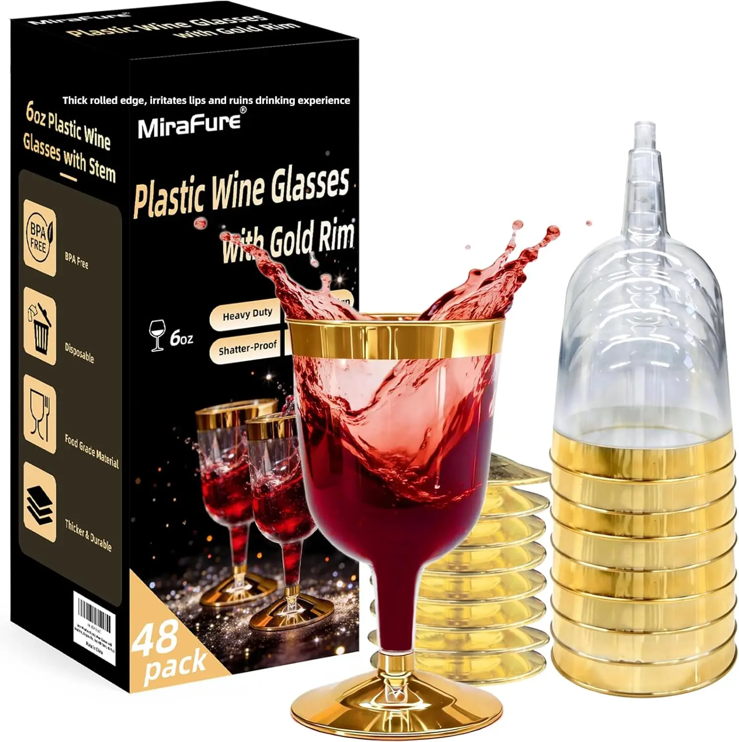 48PCS Plastic Wine Glasses with Gold Rim, 6 Oz Stemmed Disposable Wine Cups, Shatterproof BPA-Free Reusable Clear Wine Glasse
48PCS Plastic Wine Glasses with Gold Rim, 6 Oz Stemmed Disposable Wine Cups, Shatterproof BPA-Free Reusable Clear Wine Glasse