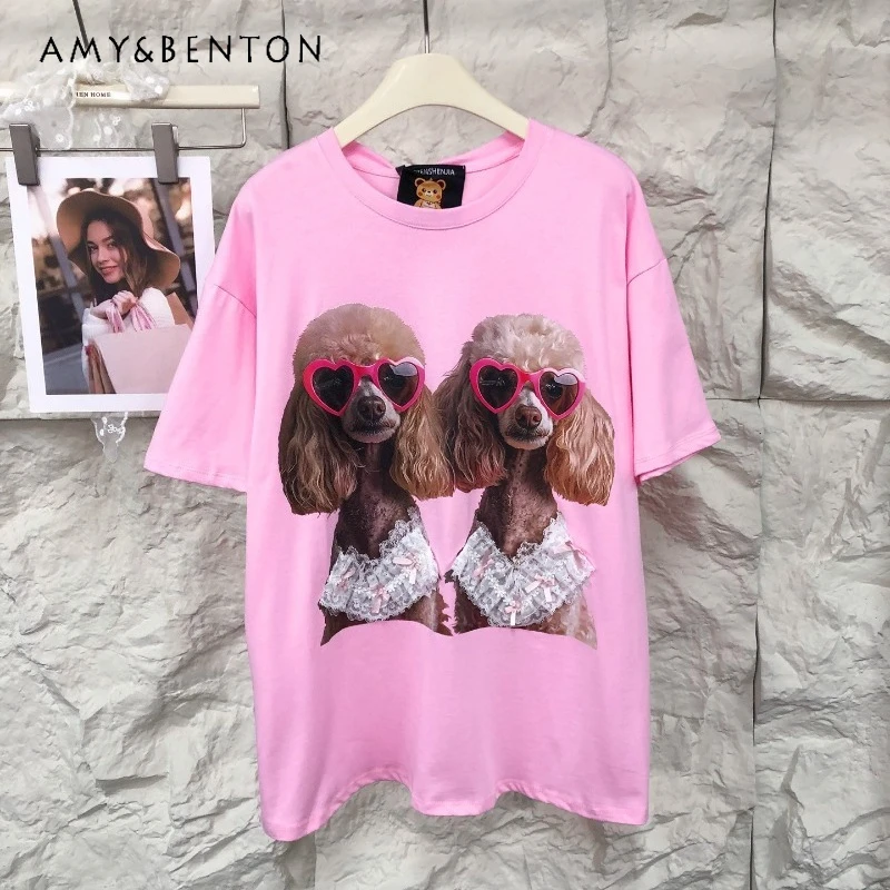 Fashionable Versatile Sweet Tshirt Lace Splicing Cute Cartoon Printing Pure Cotton Tees Summer Loose Short-sleeved T-shirt Women
Fashionable Versatile Sweet Tshirt Lace Splicing Cute Cartoon Printing Pure Cotton Tees Summer Loose Short-sleeved T-shirt Women