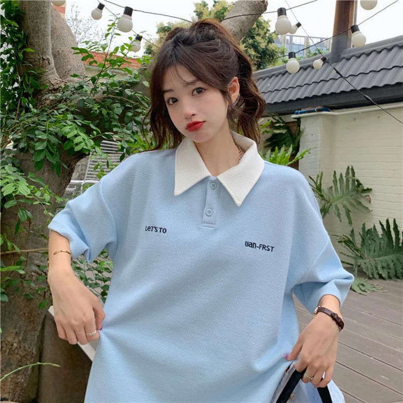 Summer Waffle Embroidered Short Sleeve Cute Women Polo T Shirts Fashion Simple Harajuku Casual Students Oversized Clothes Loose
Summer Waffle Embroidered Short Sleeve Cute Women Polo T Shirts Fashion Simple Harajuku Casual Students Oversized Clothes Loose